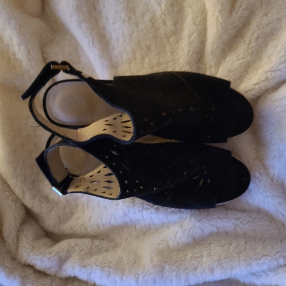 Marc Fisher S. 7.5 Black Suede Leather Tan Espadrille Wedges - Picture 3 of 11